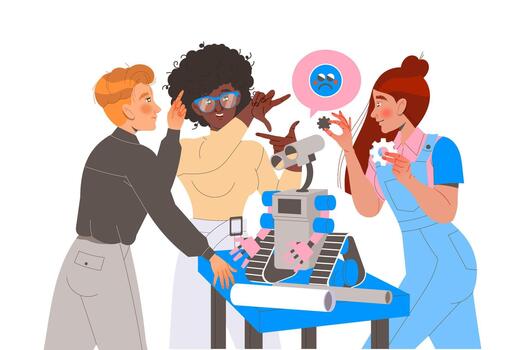 robótica programación con hombre y mujer ingeniero personaje configurando robot ilustración vector