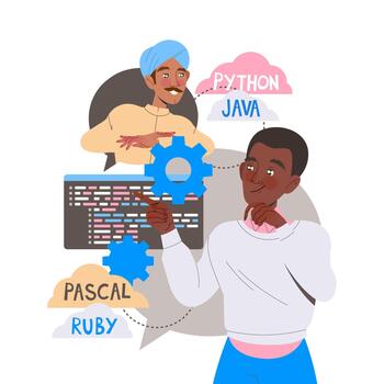 Man App Dev Professional Developing and Coding Software Application for Mobile Device Illustration vector