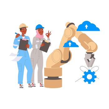 robótica programación con hombre y mujer ingeniero personaje configurando robótico brazo ilustración vector
