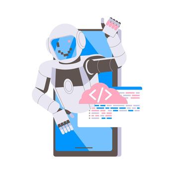 metal humanoide robot máquina desde teléfono inteligente pantalla sonriente y demostración pulgar arriba gesto ilustración vector