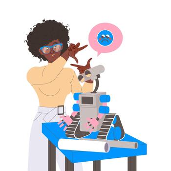 robótica programación con mujer ingeniero personaje configurando robot ilustración vector