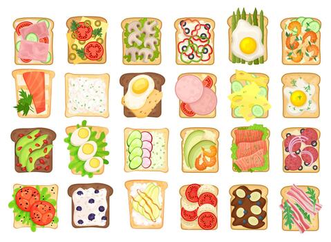 Sandwich with Various Ingredients Like Wurst, Scrambled Egg, Vegetables, Bacon and Shrimp Set vector