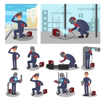 Welder Worker Character in Protective Helmet and Uniform Welding Pipeline Big Set vector