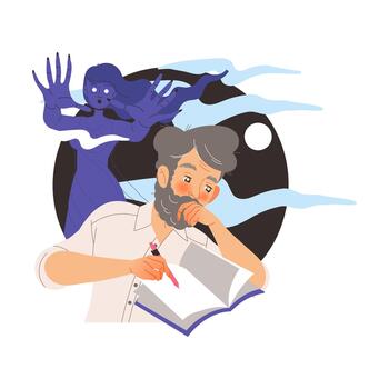 Bearded Man Writer with Pen and Notepad Engaged in Writing Process Creating Plot Illustration vector