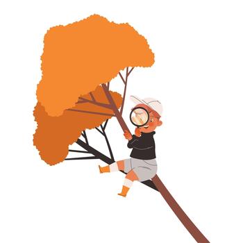 juguetón pequeño chico en gorra con aumentador vaso sentado en árbol rama mirando a alguna cosa y sonriente ilustración vector