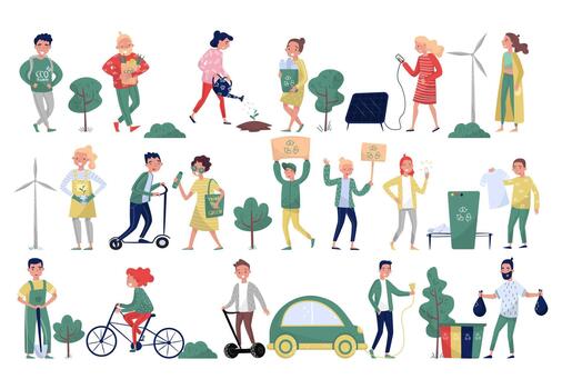 Eco Friendly People Character Protecting Environment Sorting Garbage, Using Alternative and Ecological Transport Big Set vector