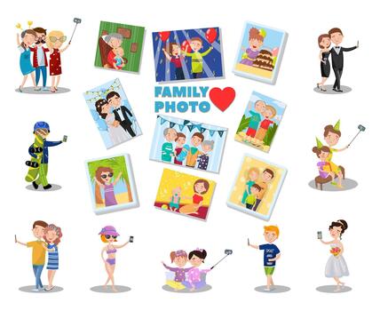 People Characters Taking Selfie on Smartphone and Portraits in Frame Big Set vector
