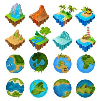 Islands for Computer Game with Desert, Forest, Tropical Beach with Treasure Chest, Ice, Volcano and Globe Earth Sphere Big Set vector