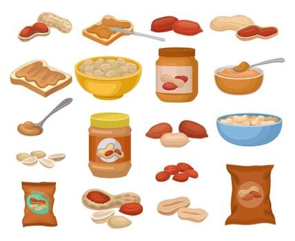 Peanut with Butter in Jar, Bread Toast and Salty Snack Package Big Set vector