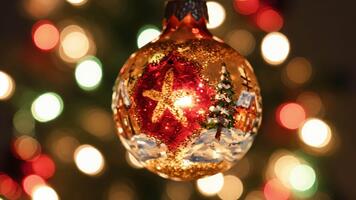 Close-up of a sparkling golden Christmas ornament with a winter scene. It hangs against a background of warm bokeh lights, creating a magical and festive mood. Perfect for holiday greetings. video