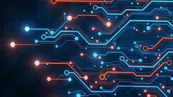 dinamico animazione di raggiante blu e arancia circuito Linee su un' digitale griglia, illustrare dati in lavorazione, Rete comunicazione, Tech innovazione, ai, e futuristico concetti. video