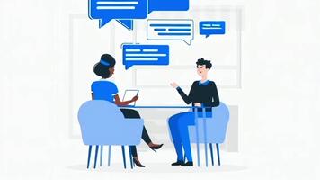 Two people are having a serious business discussion or job interview, sitting across a table with several blue speech bubbles floating above, symbolizing conversation and communication. video