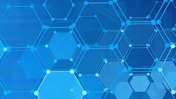 Dynamic motion background with interconnected blue hexagons and glowing dots, symbolizing network, data flow, or scientific research. Perfect for , tech intros, or presentations. video