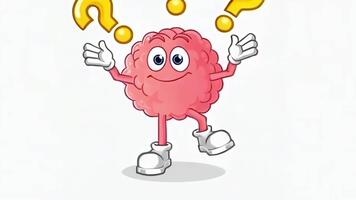 un' allegro, rosa cervello portafortuna personaggio sembra contento ma confuso, alzando le spalle con domanda votazione galleggiante in giro suo testa, che rappresentano dubbio, inchiesta, o un' pensiero processi. video