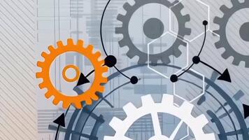 dinâmico animação do intertravamento engrenagens, Setas; flechas, e técnico esquemas, simbolizando Engenharia, mecânico processo, industrial dados, inovação, e sistema eficiência. video