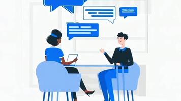 Animated illustration of two people actively discussing, with dynamic blue speech bubbles. Perfect for explainer videos, communication concepts, customer support, or team collaboration. video