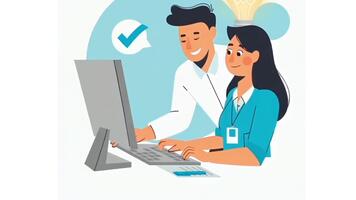 animado cena do profissionais colaborando em uma computador. luzes trabalho em equipe, orientação, e dinâmico digital aprendizado. uma vívido representação do inovação e progresso. video