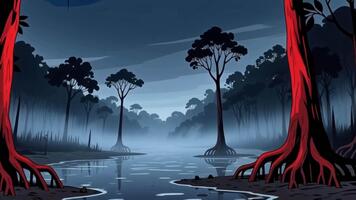 Mysterious Misty Swamp With Red-Rooted Trees video