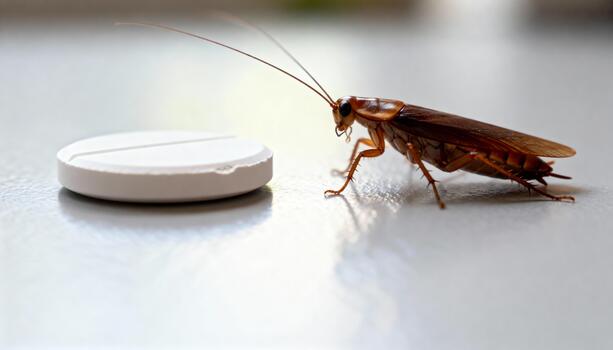 cucaracha inspecciona blanco píldora parásito controlar solución concepto foto