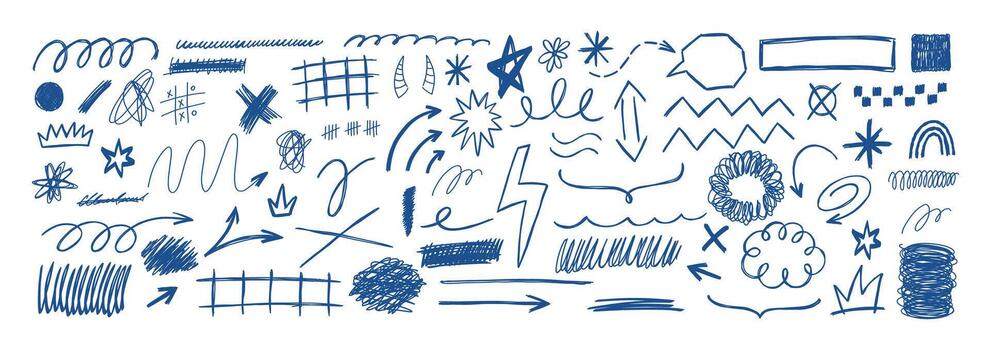 Grunge scrawls, charcoal scribbles, rough brush strokes, underlines and arrows. Pencil sketches, grunge style drawing. Scrawls texture. vector