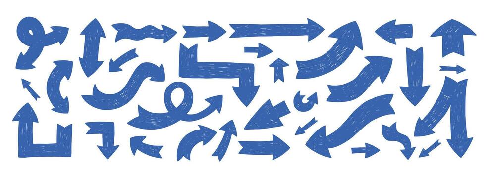 Set of hand drawn arrows with crayon, pastel or chalk texture. Rough illustration of bold pointers in sketch style. vector