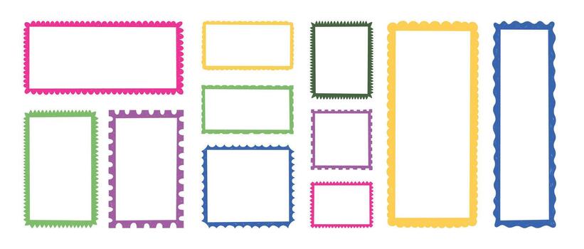 Wavy and scallop squares and rectangles frames. Hand drawn colorfull grunge rectangle shapes, photo or text boxes. vector