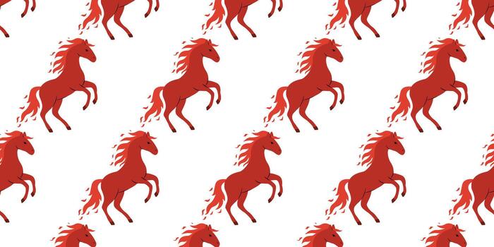 Red horses trotting in a repetitive pattern on a white background creating a vibrant and playful design vector