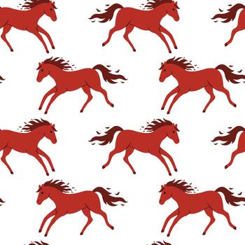 Red horses running on a white background create a lively pattern for design and decoration purposes vector