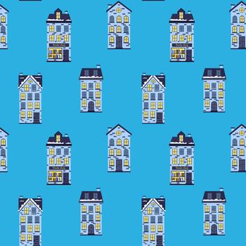 Colorful pattern of small houses with bright windows on a blue background, suitable for wallpaper or fabric design vector