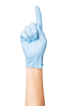 Hand in medical gloves showing the number one or making a stop gesture with the index finger on an empty background. Counting, attention signal, healthcare communication. png