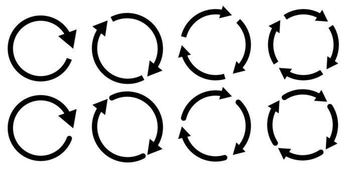 A collection of black circular arrow symbols on a white background. Circular arrows represent restart, undo, recycle, rotate, and reverse symbols. vector