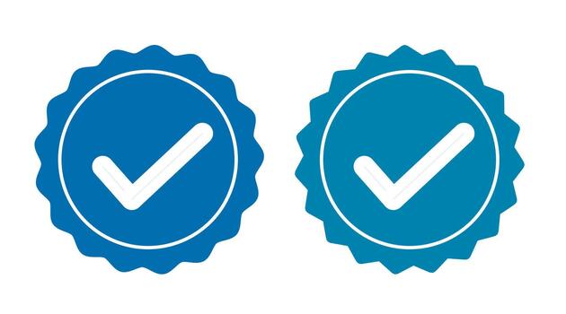Verification symbol with a check mark. The verification icon is blue. vector
