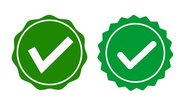 Verification symbol with a check mark. The verification icon is green on white background. vector