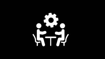 A white silhouette of two figures seated at a table with gears above, symbolizing collaborative work and shared mental effort in a meeting setting. video