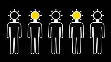 Caratteristiche parecchi figure ogni con un' luminosa idea sopra loro, illustrare un' collettivo ambiente pieno con creatività e condivisa innovativo pensiero video