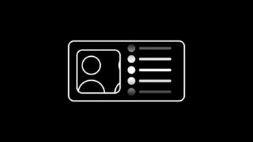 An identification card icon featuring profile and data segments, representing user identity verification and structured access information within a contained frame video