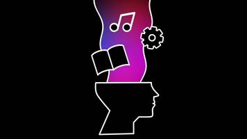 un' testa con galleggiante simboli cattura espressive creatività mescolanza musica, immagini, e idee in multidimensionale artistico e concettuale esperienze. video
