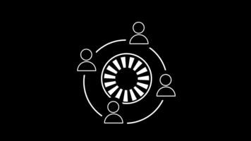 A circular team-based collaboration symbol with figures around a central hub, illustrating coordinated interaction workflows inside a clean framed layout video