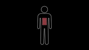 A person icon showing red empty bars represents fatigue, weakness, and lack of energy, symbolizing exhaustion and the need for rest and recharge in daily life video