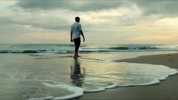 en enslig figur finner lugn stående på de kant av de hav, de lugn vatten spegling de vidd av de himmel ovan, skapande en scen av introspektion och fred. video