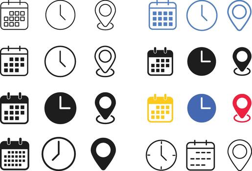 Date Time Location Icon Set. Event Scheduling and Navigation Symbols. Calendar, Clock, and Map Pin Symbol Collection. Travel Planning and Appointment Booking sign vector