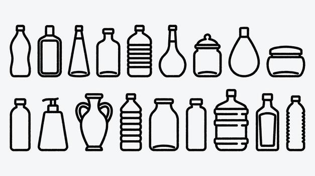 colección de varios botellas y frascos en un línea Arte estilo vector