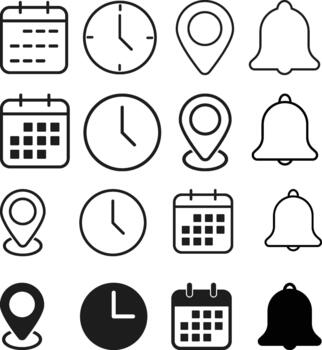 Date Time Location Notification Icon Set. Event Alerts and Reminder sign. Time Scheduling, Geolocation Alert symbols. Calendar, Clock, Map Pin, and Notification Bell Symbol Collection. Appointment vector