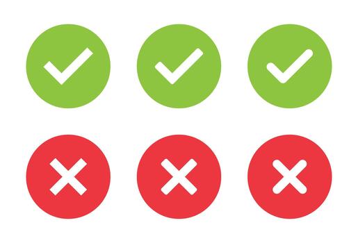 Check and cross mark icon set in flat design. Tick and X symbol. Accept and reject sign vector