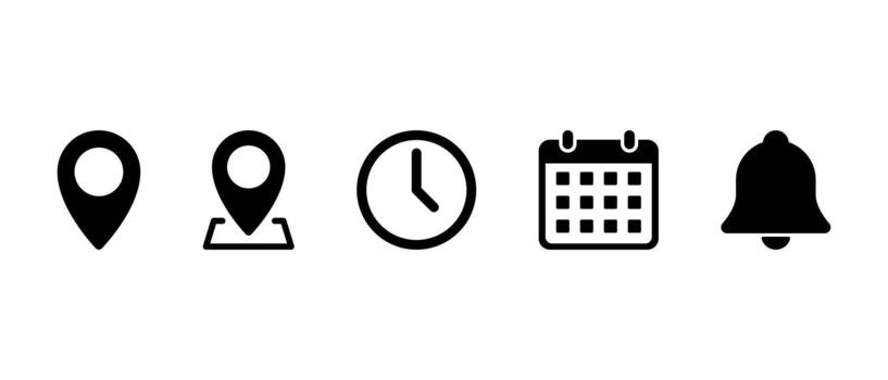 Location, map pin, time, calendar, and bell icon. GPS pointer, place marker, clock, date, and notification symbol vector