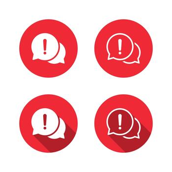Chat alert icon with long shadow. Message bubble with exclamation mark symbol vector