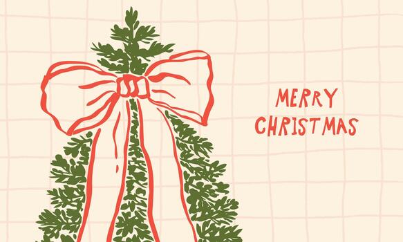 Christmas whimsical background. Whimsy design poster template with Christmas tree with red bow. Border greeting card design vector