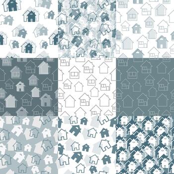 A collection of seamless patterns featuring houses and buildings. A set of simple hand-drawn house vector