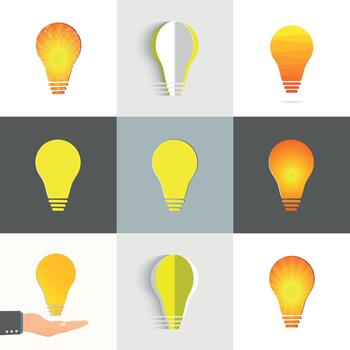 A collection of yellow paper-cut light bulbs. A set of light bulbs for a business idea, brainstorming session, or electrical engineering vector