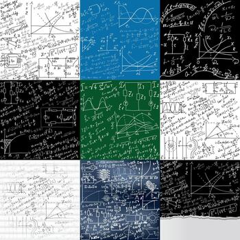 A collection of mathematical equations and formulas on a blackboard. A set of hand-drawn diagrams and graphs on white, black, blue backgrounds. vector